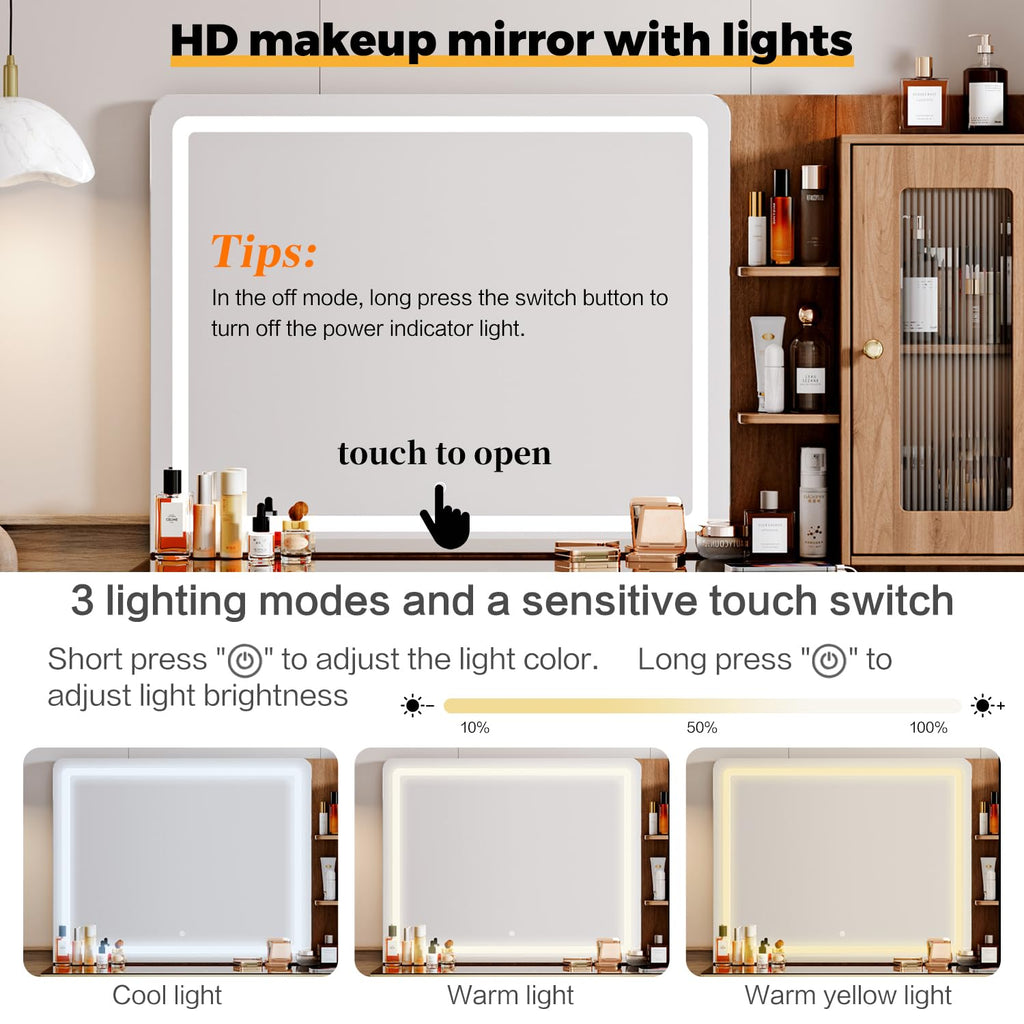 Arulvmrn Vanity Desk with 29.53" HD Lighted Mirror, 47.24" Big Modern Vanity Desk with Mirror and Lights, Makeup Vanity with 5 Drawers and Storage Shelves and Charging Station,Brown
