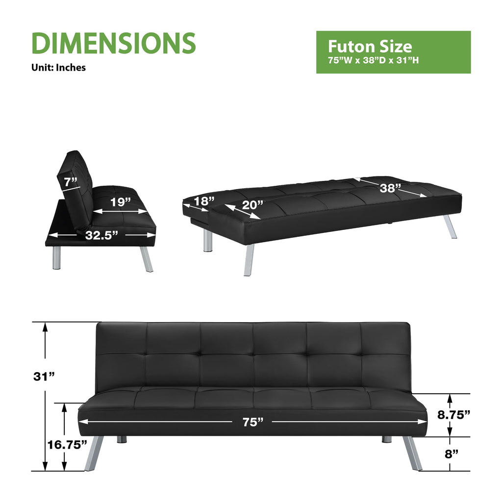OSP Home Furnishings Kenneth Modern Button Tufted Convertible Click-Clack Futon Sofa Bed, Black Faux Leather with Chrome Legs