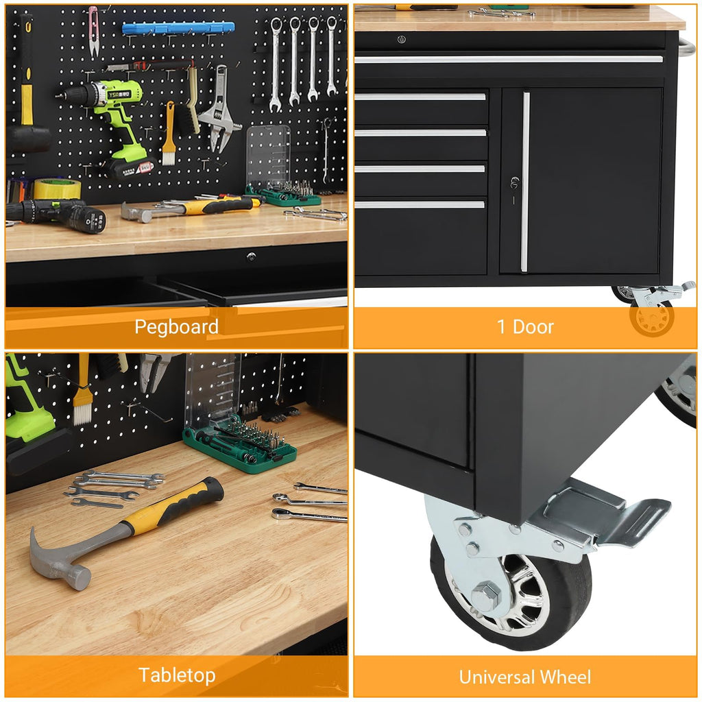 61 Inch Rolling Tool Chest with 10 Drawers, Rubber Wood Workbench Top, Anti-Fingerprint Steel, Lockable Wheels & Key Lock, Mobile Storage Cabinet Organizer for Garage & Workshop