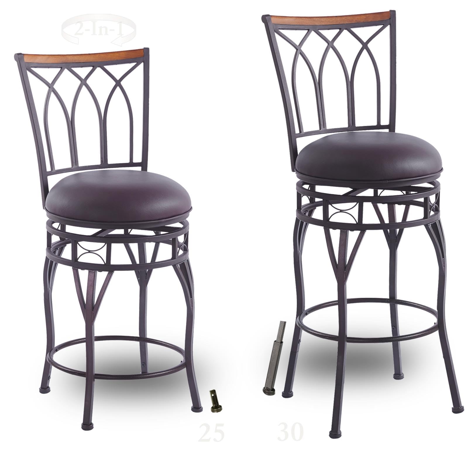 MIITODAY Farmhouse Swivel Bar Stools with Backs Set of 2, Adjustable 25"/30" Industrial Counter & Bar Chairs with Brown PU Leather, Antique Brass Metal, Vintage Rustic Wood for Kitchen, Pub, Bistro