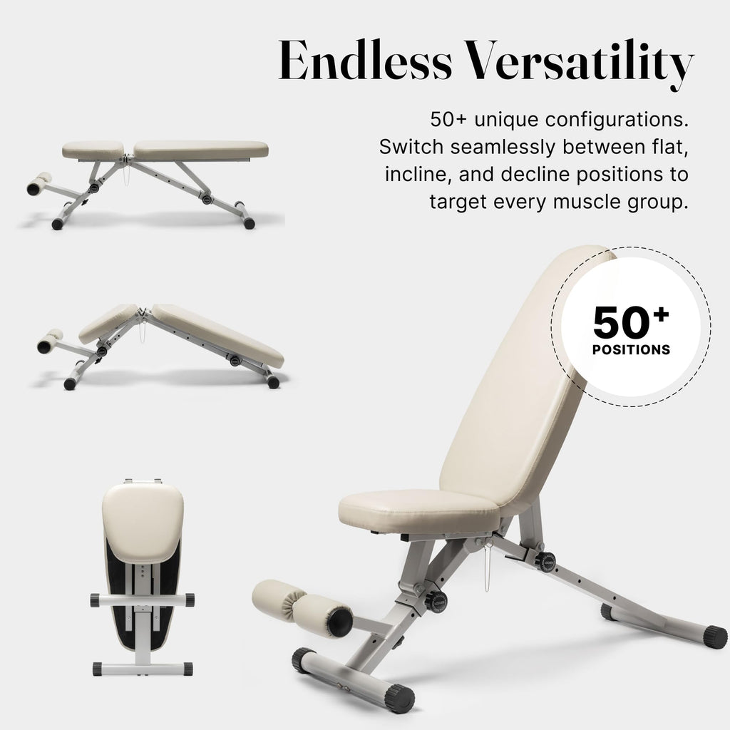 WeGym Collapsible Workout Bench, Adjustable Fitness Bench with 50 Configurations, Vegan Leather, Extra Wide 14in Seat for Home Gym Strength Training (Sandstone)