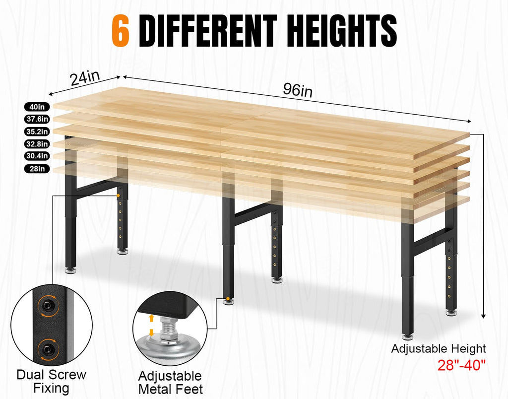 MUWOOD 96”Adjustable Work Bench, 5000 LBS Capacity Heavy Duty Workbench with Power Outlet & Pegboard, Rubber Wood Work Table for Garage, Workshop, Office, Home