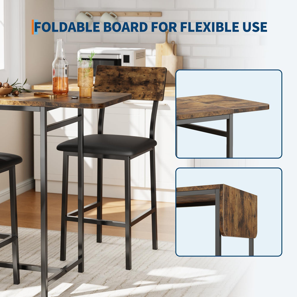 GarveeHome Bar Table and Chairs Set for 2, 3-Piece Bar Table Set with Storage Shelves, Cup Holder & Wine Rack, PU Leather Bar Stools, Small Dining Table for 2 for Kitchen, Breakfast Nook, Brown
