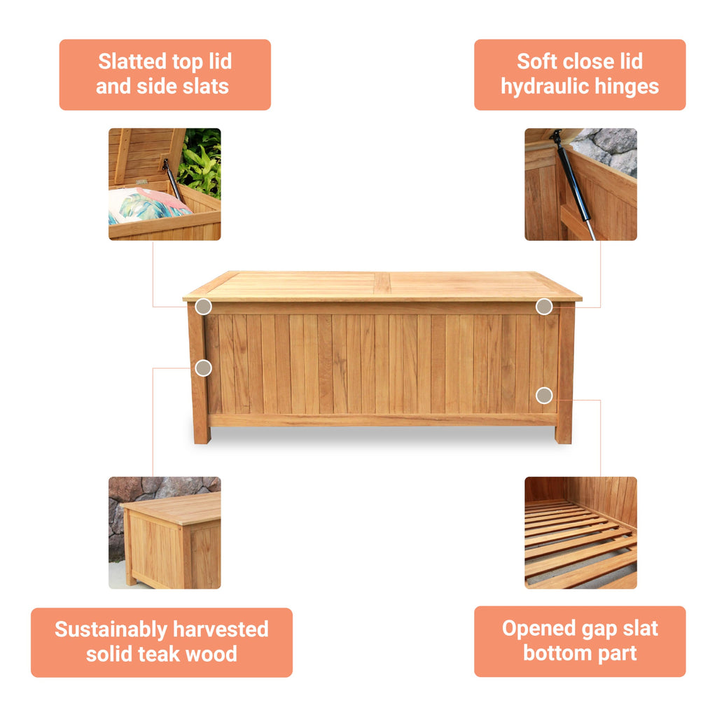 Cambridge Casual Arie 48-Inch Teak Outdoor Deck Box Storage Chest – Weather-Resistant Patio Organizer with Soft-Close Lid for Pool or Garden Storage, 49 Gallons