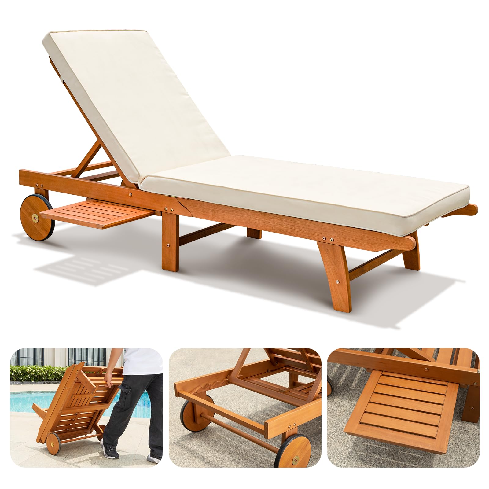 IDZO Upgraded Cushion Outdoor, 500lbs Capacity Patio Pool Loungers, Stackable and Foldable Design, Reclining Backrest, Federica Wood Chaise Lounge, Brown