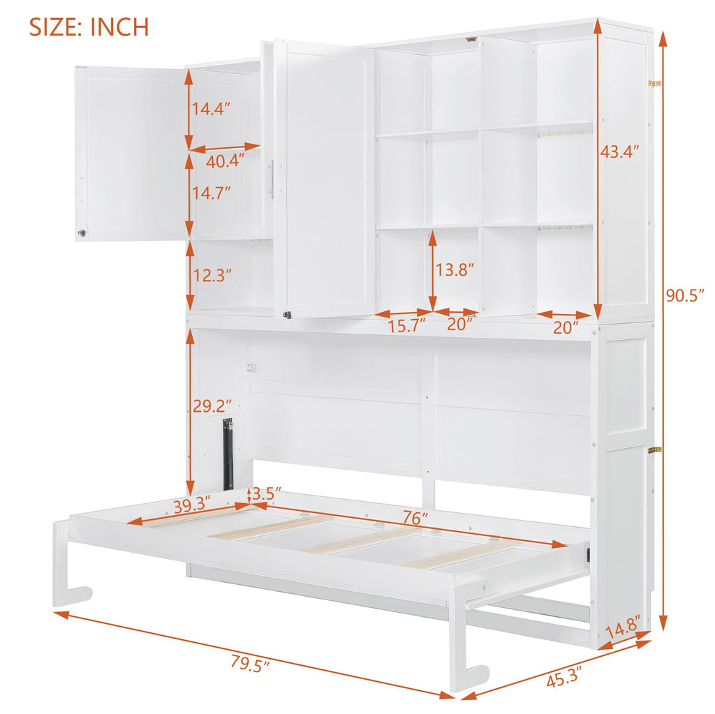 Ball & Cast Twin Size Murphy Bed,Foldable Wall Bed with Top Cabinet,Storage Shelves,Hidden Cabinet Bed Frame with Led Light and USB Port for Bedroom,Guest Room,Space Saving,No Box Spring Needed,White