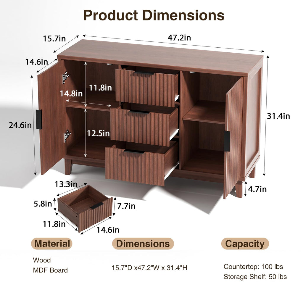 47.2" W Storage Cabinet with 3 Drawers, Fluted Buffet Cabinet with Storage, Large Sideboard with 2 Door, Modern Mid Century TV Stand Coffee Bar Cabinets for Living Room, Kitchen, Entryway