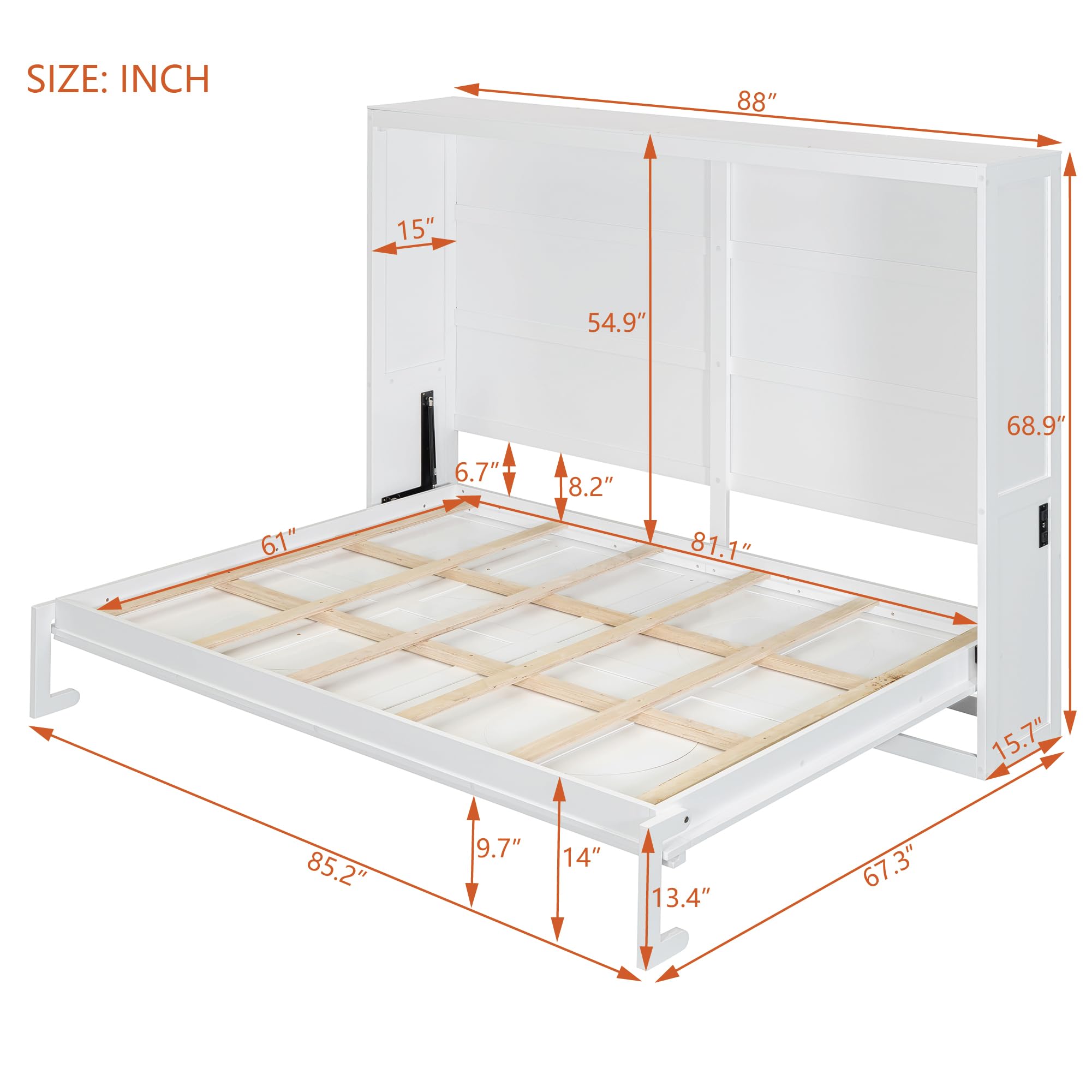 Ball & Cast Murphy Bed Queen Size Wall Chest with Charging Station and Slat Support,Wood Hideaway Cabinet Platform Bedframe w/Leg,can be Folded,Space-Saving,for Small Room,Dorms,White