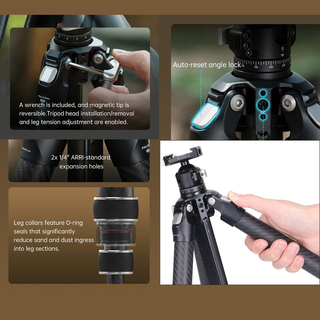 FALCAM TreeRoot F38 Quick Lock Lite Carbon Fiber Travel Tripod with Ball Head Load Capacity 3kg/6.6lbs, Max Vertical Payload 40Kg/88lbs for Cameras, All-Terrain Stability (C141K-301)