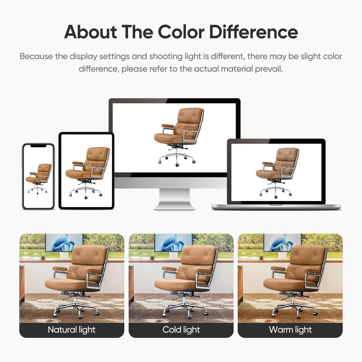 Genuine Leather Office Chair, Mid Back Executive Desk Chairs with Aluminum Arms and Wheels, Swivel Office Leather Chair with Thickened Backrest and Ergonomic Lumbar Support, Light Brown