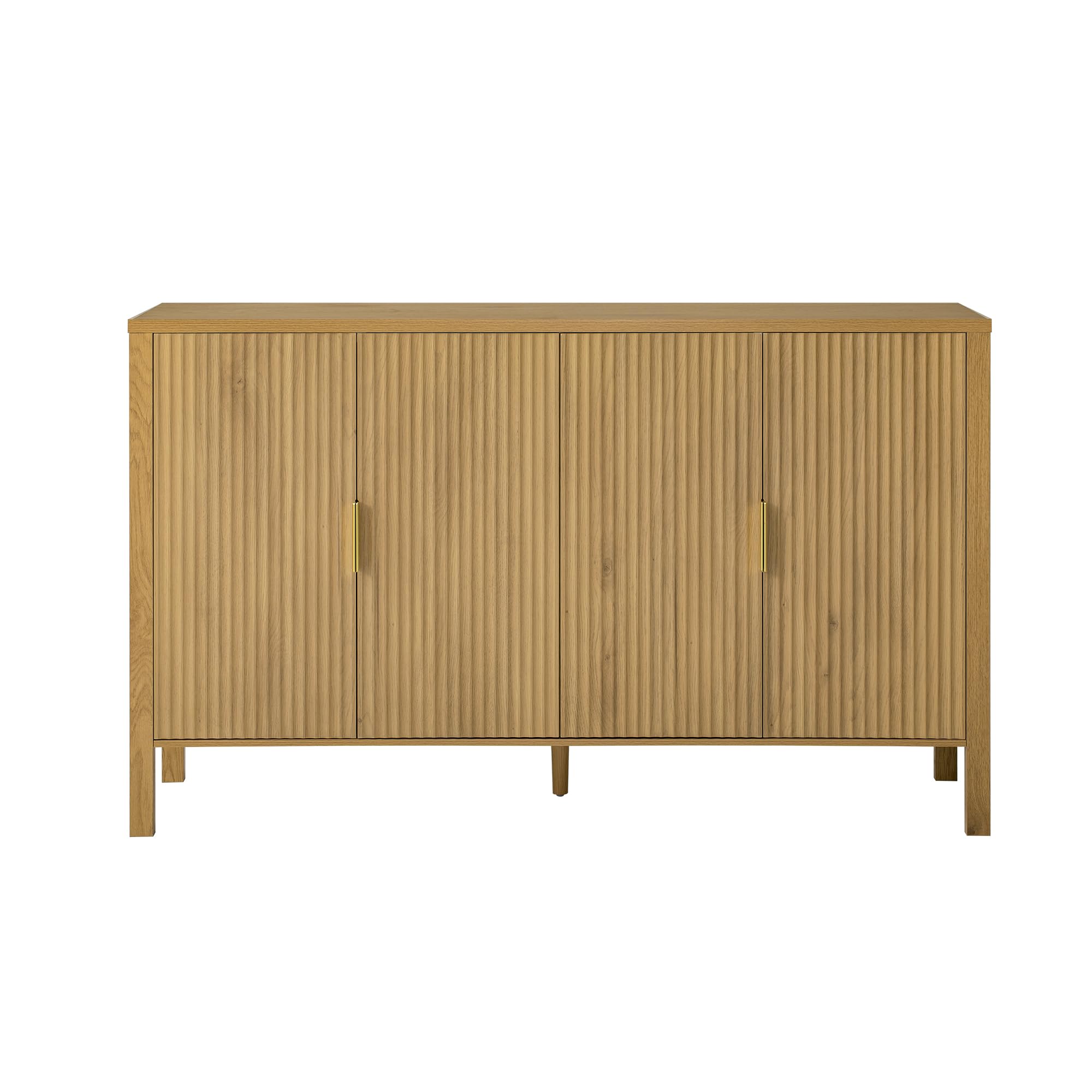 GDFStudio 58" Modern Buffet Cabinet with 4 Stripe Doors, Sideboard Storage Cabinet with Back Door Storage Racks, Shelves, Side Hooks, Coffee Bar Cabinet Credenza for Dining Room Living Room, Natural