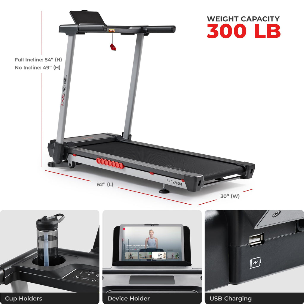 Sunny Health & Fitness Pace 500 Smart Wi-Fi Treadmill with 12-Level Auto Incline, 18" Running Belt, Quiet Brushless Motor, Digital Display, Bluetooth & SunnyFit App – SF-T724081