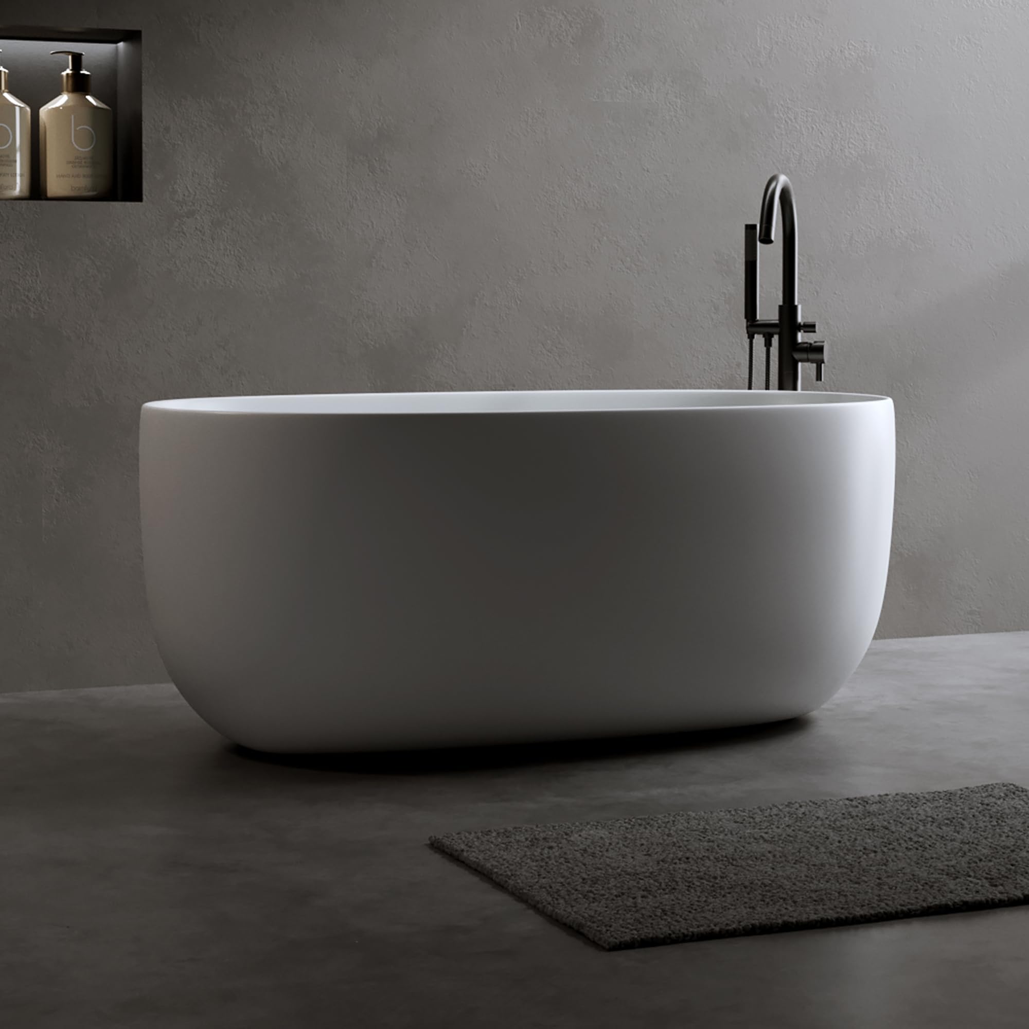 Favfurish 47" Freestanding Stone Resin Bathtub,Oval Shape Contemporary Soaking Tub w/Pop-Up Drain & Overflow, Compact Design for Small Spaces, Matte White