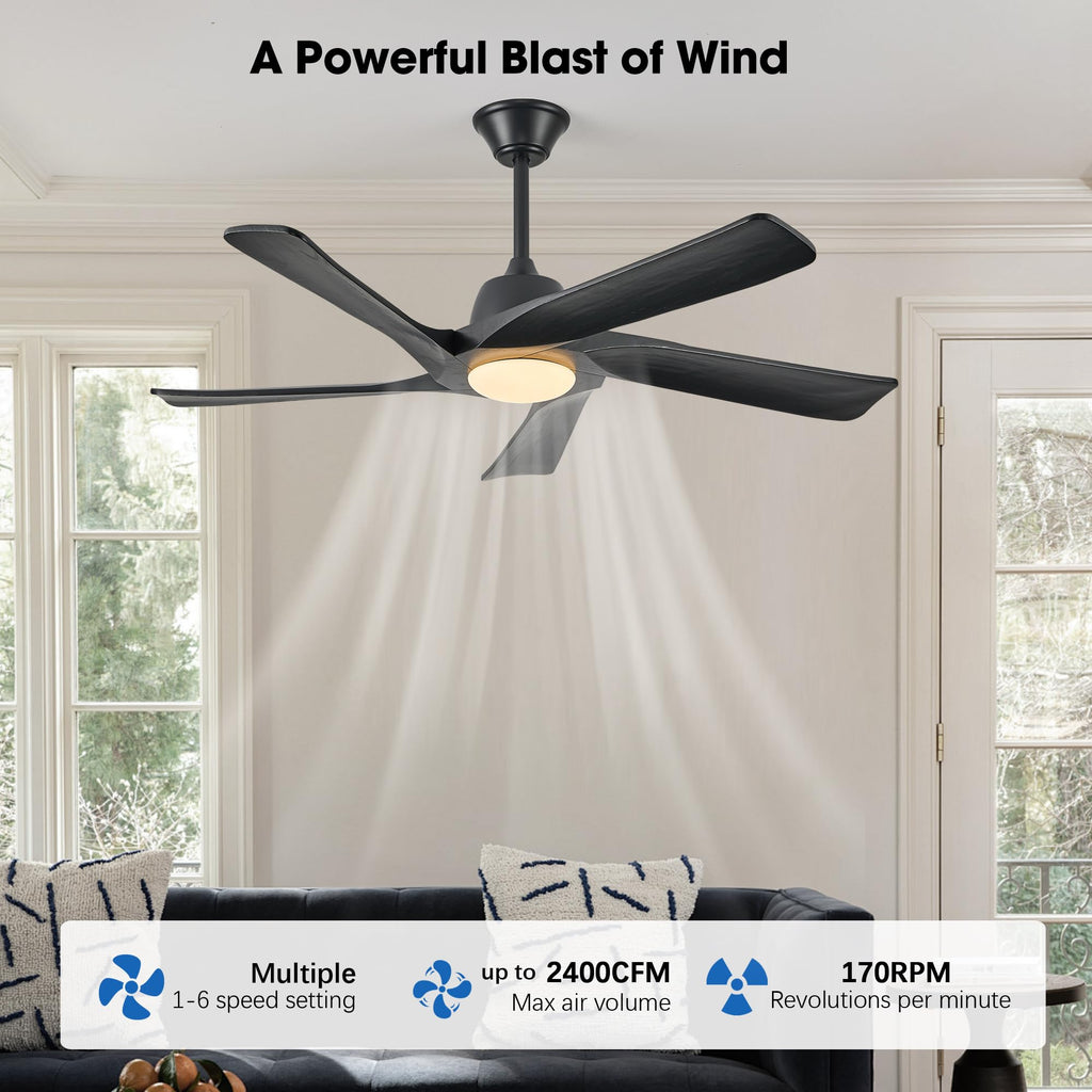 LVYEAYOU Ceiling Fan with Light, 52 Inch Solid Wood Ceiling Fans, Remote and APP Control, 3-color Dimmable, DC Motor, 6-speed Reversible, for Bedroom, Living Room, Black
