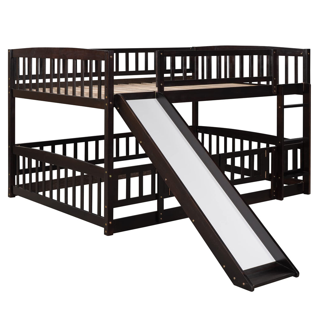 Bellemave Bunk Bed Full Over Full with Slide and Stairs, Bunk Bed for Kids, Girls, Boys, Floor Bunk beds with Fence and Door, Espresso