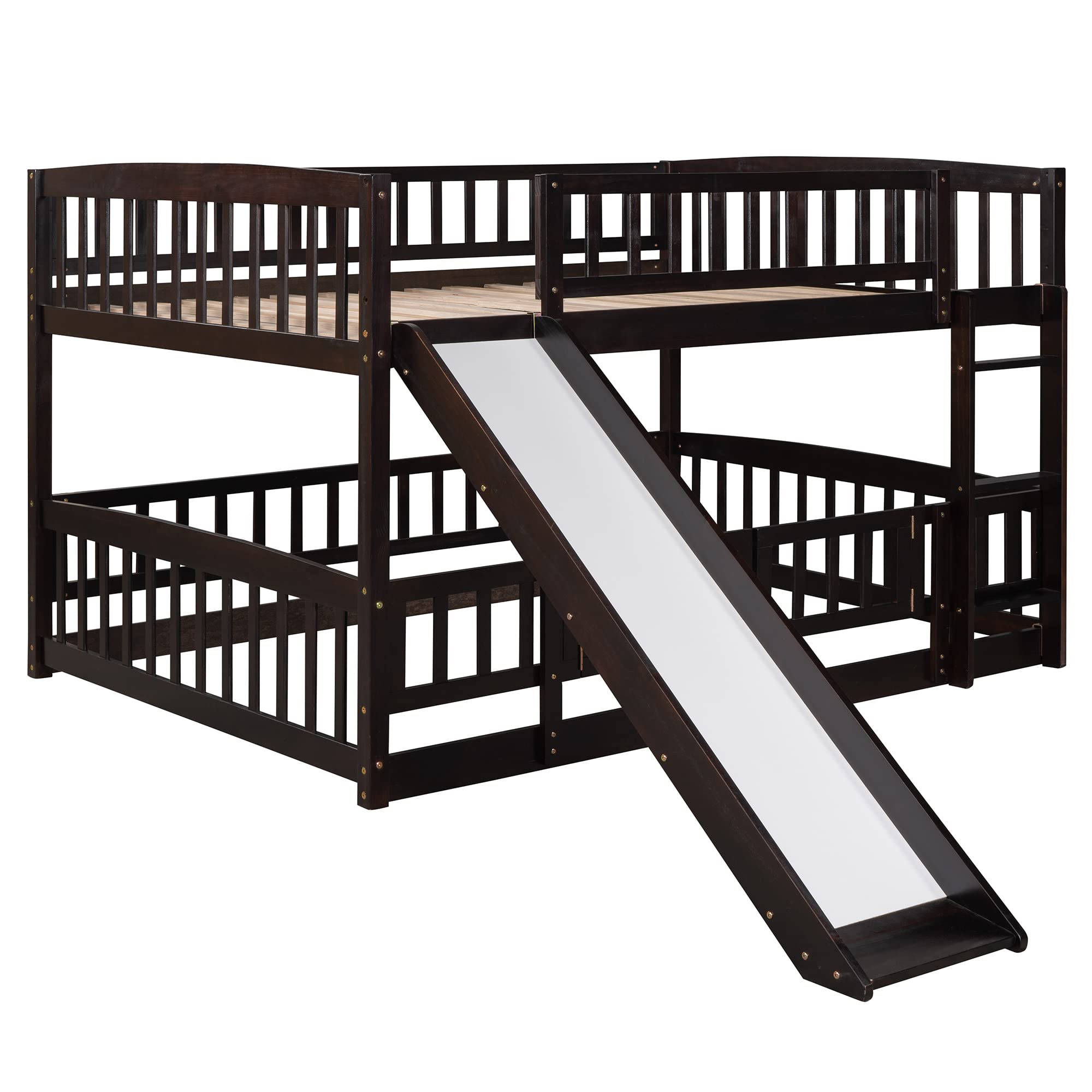 Bellemave Bunk Bed Full Over Full with Slide and Stairs, Bunk Bed for Kids, Girls, Boys, Floor Bunk beds with Fence and Door, Espresso