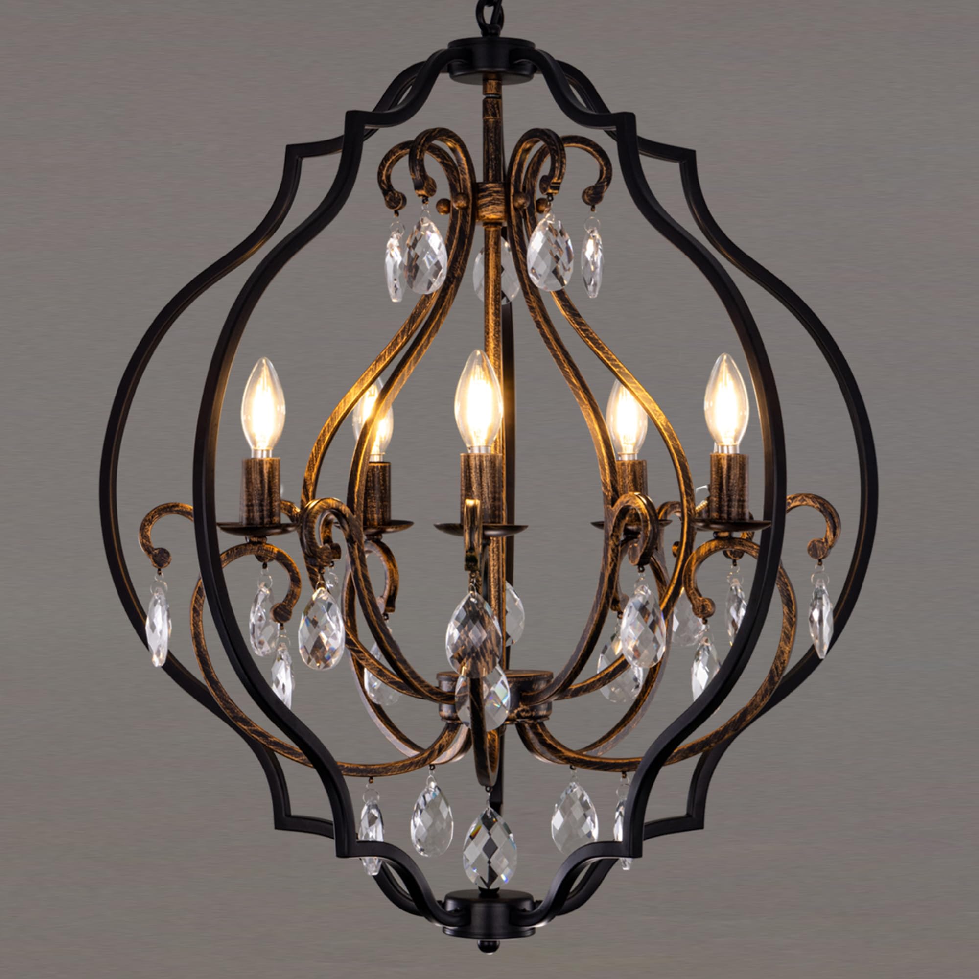 TOCHIC 5 Lights Farmhouse Chandelier, Rustic Orb Chandeliers for Dining Room, Black Crystal Chandelier Light Fixture for Living Room, Bedreoom, Hallway, Bronze, D 27"