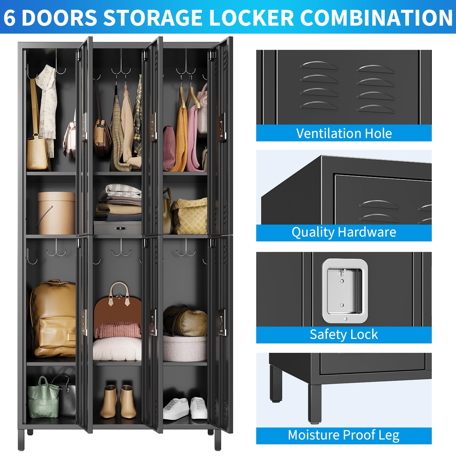 MERXENG Metal Storage Locker with 6 Doors, Metal Locker for Employees with 18 Hooks for Garage School Office Gym Home, Assembly Required, Black