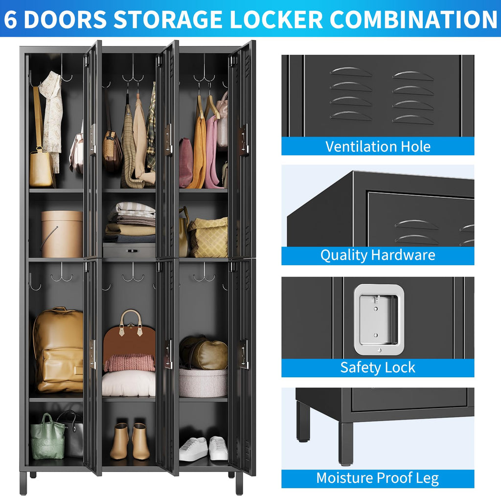 PioneerWorks Metal Locker 6 Door Storage Cabinet, Gym Storage Locker with Hook for Gyms, Schools, Classrooms, Homes, Offices and Employee Dormitories