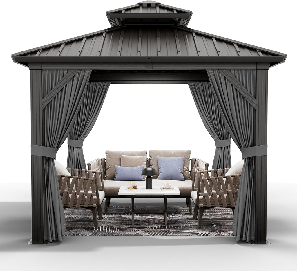 10'x10' Hardtop Gazebo, Heavy Duty Aluminum Permanent Outdoor Pavilion with Curtains and Netting for Garden, Patio, or Backyard (Grey, 10'x10')
