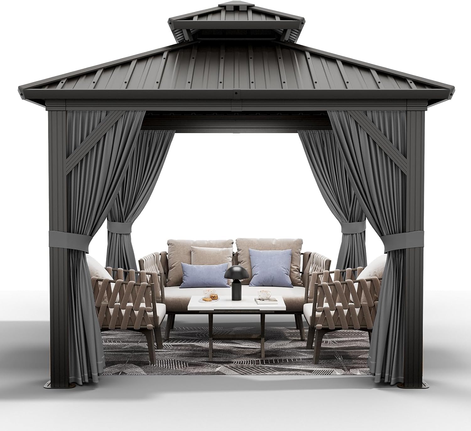 10'x10' Hardtop Gazebo, Heavy Duty Aluminum Permanent Outdoor Pavilion with Curtains and Netting for Garden, Patio, or Backyard (Grey, 10'x10')