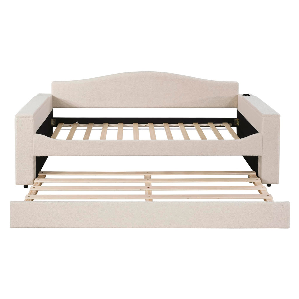 Twin Upholstered Daybed with Storage Armrests, Trundle and Latest Integrated Bluetooth Audio System