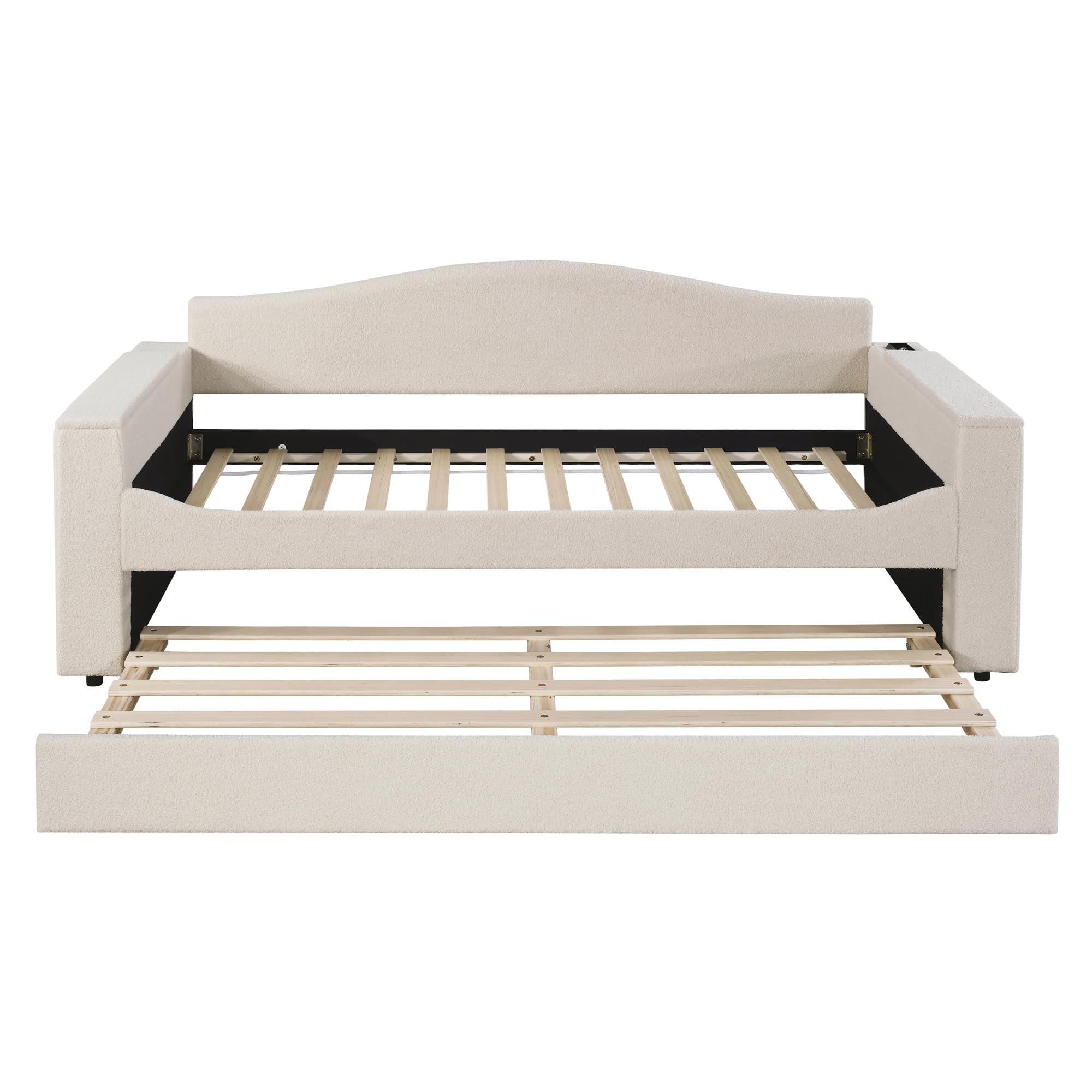 Twin Upholstered Daybed with Storage Armrests, Trundle and Latest Integrated Bluetooth Audio System