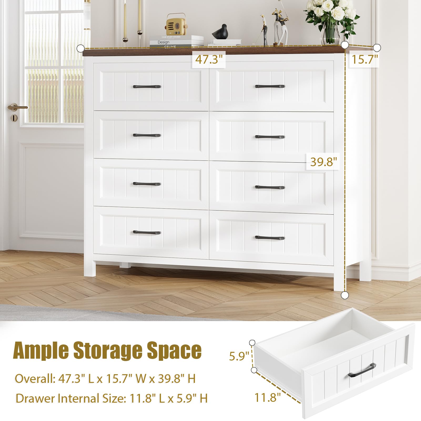 Jocoevol Farmhouse Dresser 8 Drawer Dresser for Bedroom, Large Wooden Dressers Double Grey Dresser with Deep Drawers Dressers for Hallway, Entryway (White and Brown)