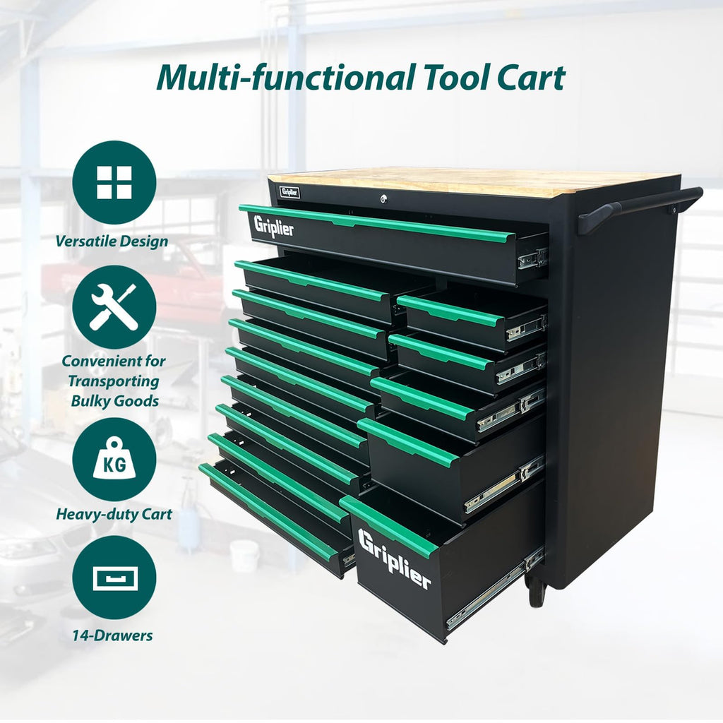 Griplier 14-Drawers Rolling Tool Chest with Wood Workbench,Brake Casters,Lock & Key,Heavy-Duty Steel Tool Cabinet Storage, for Home,Garbge or Workshop Use (14 Drawers)