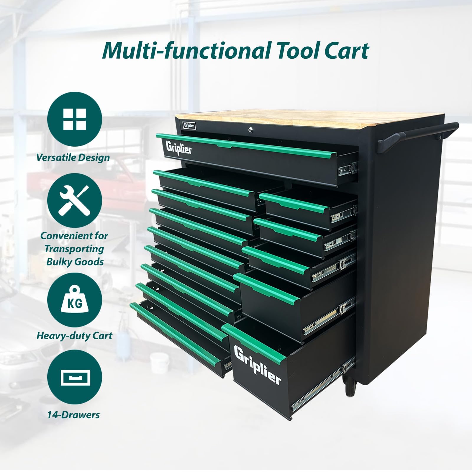 Griplier 14-Drawers Rolling Tool Chest with Wood Workbench,Brake Casters,Lock & Key,Heavy-Duty Steel Tool Cabinet Storage, for Home,Garbge or Workshop Use (14 Drawers)