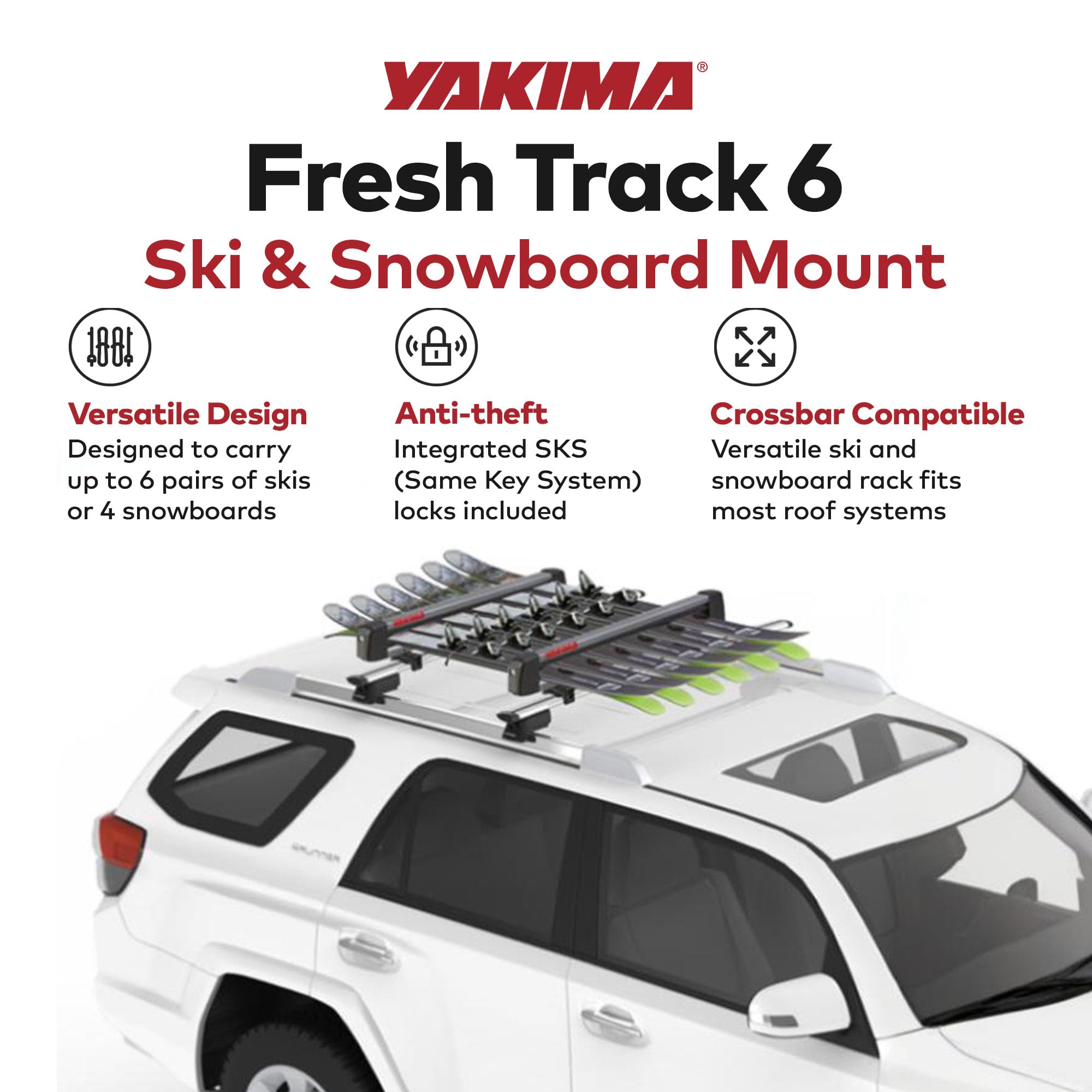YAKIMA, FreshTrack Ski & Snowboard Mount, Fits Most Roof Racks, 6 Ski Pairs/2 Snowboards