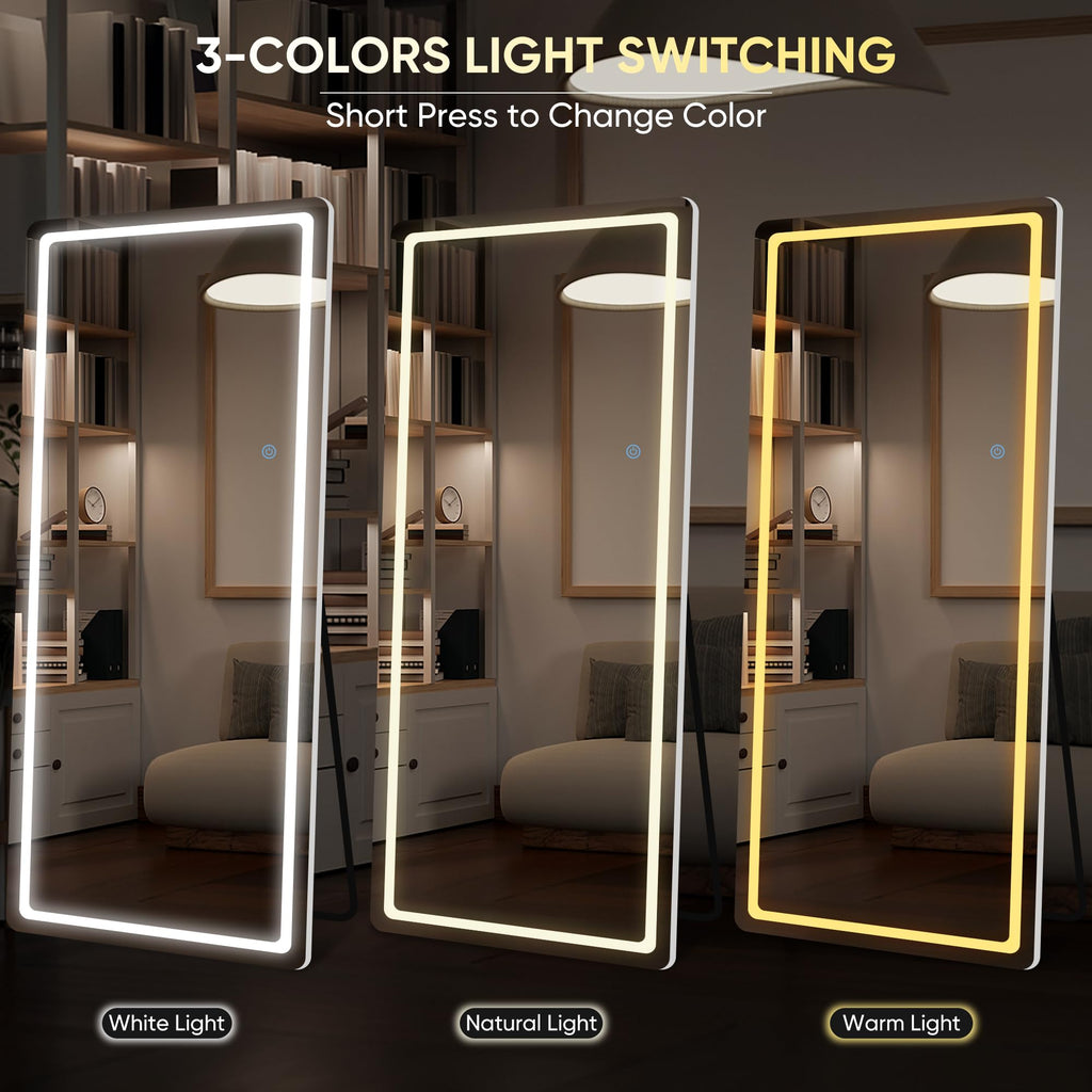 LadyNow LED Full Length Mirror, 76" x 34" Rect Style, Floor Standing or Wall Hanging, Lighted, Aluminum Frame