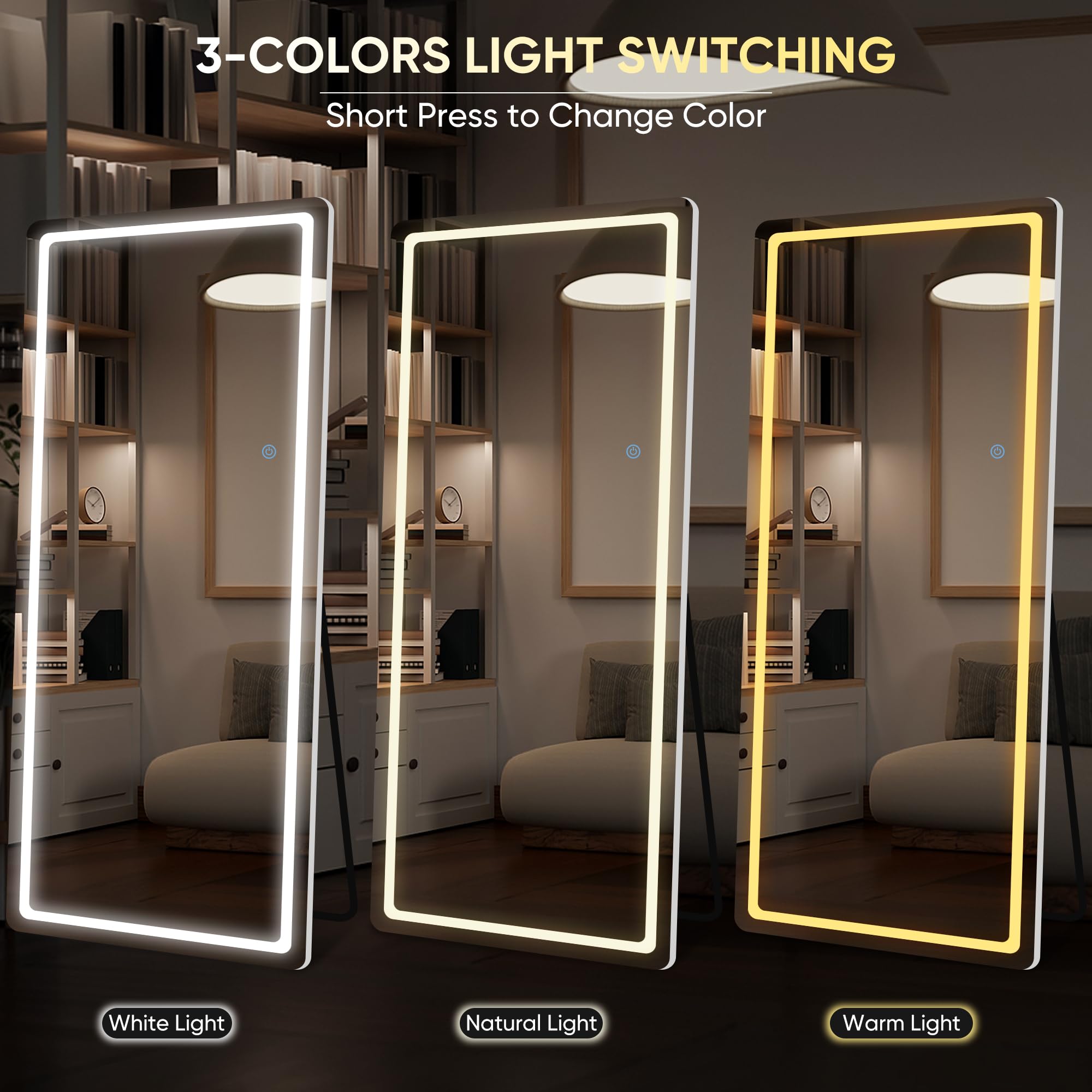 LadyNow LED Full Length Mirror, 76" x 34" Rect Style, Floor Standing or Wall Hanging, Lighted, Aluminum Frame