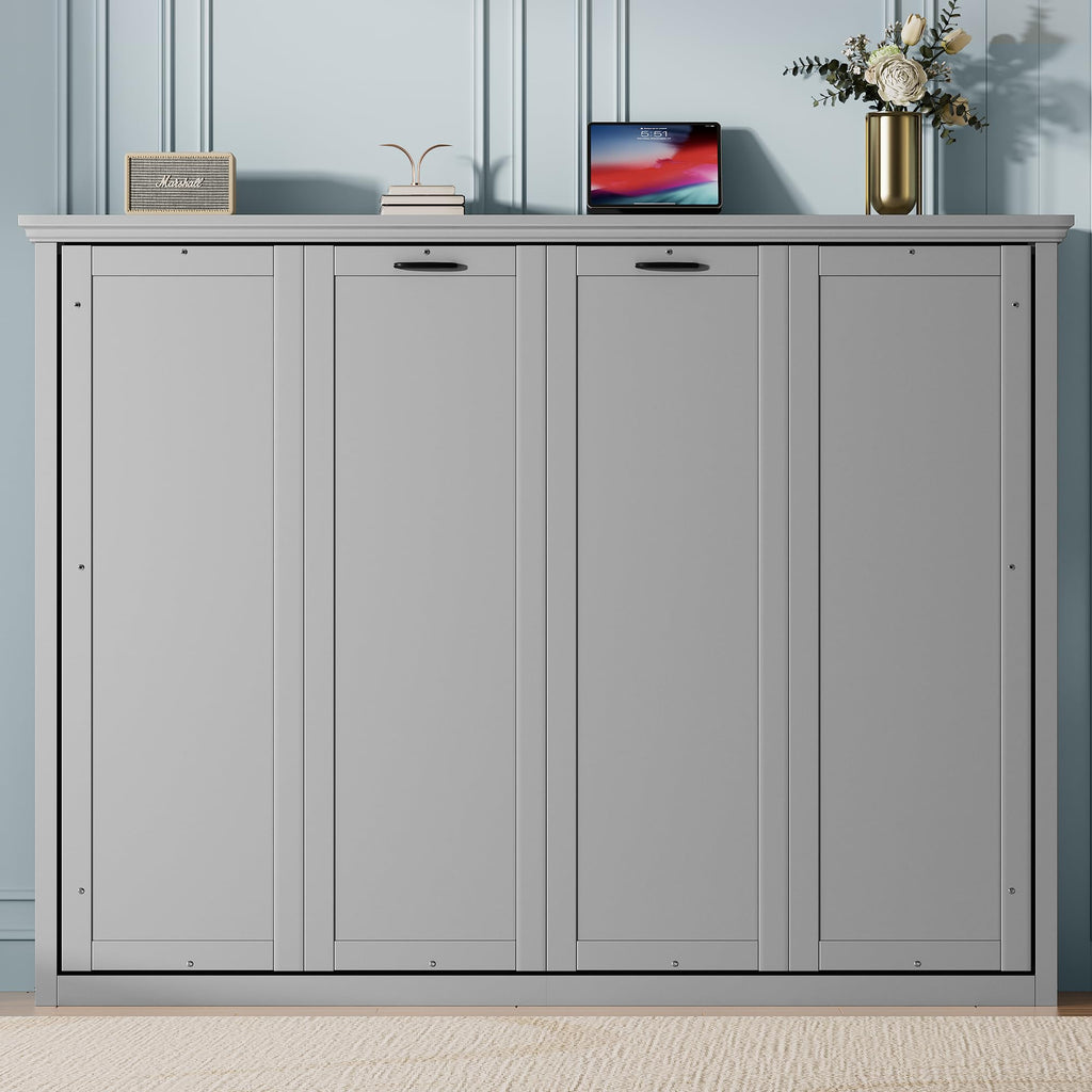 DNYN Queen Size Murphy Bed for Bedroom,Guest Room,Solid Wood Wall Bedframe w/Wooden Leg & Cabinet Design,Super Save Space & No Box Spring Needed, Gray