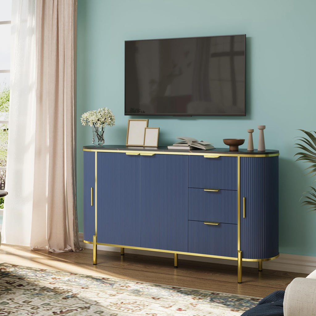 BouPower 59" Buffet Cabinet with Faux Marble Top, Sideboard with 3 Drawers - Entryway Coffee Bar & Media Console Table, Wooden Storage Cupboard for Living Room, Dining Room