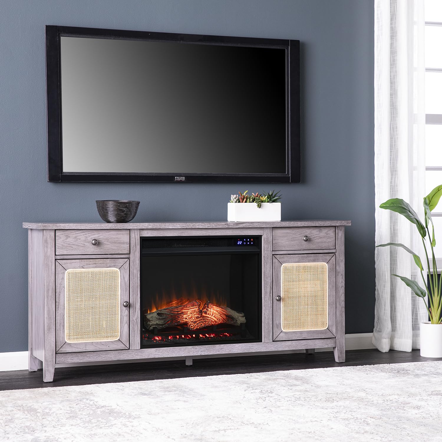 SEI Furniture Edderton Electric Fireplace TV Stand with Storage for TVs up to 56 Inches, Color Changing LED Flame, Gray