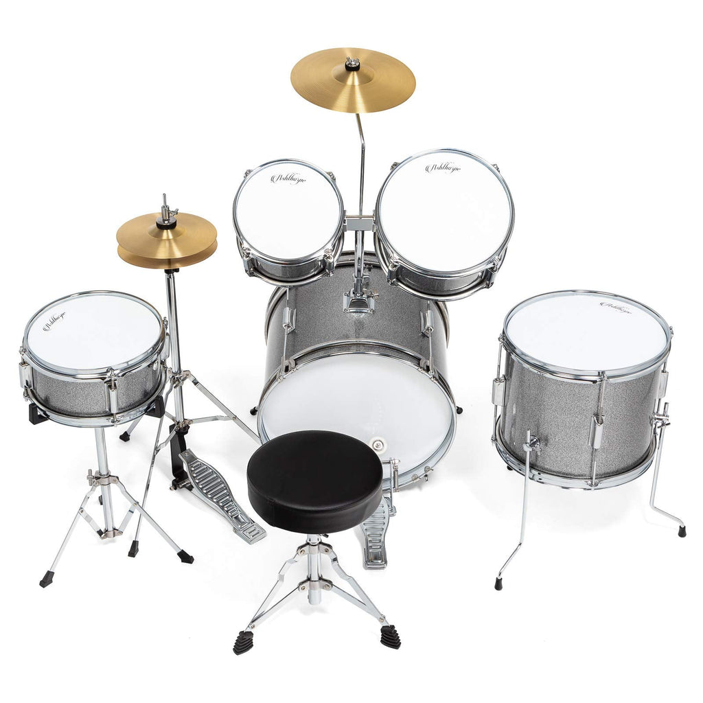 Ashthorpe 5-Piece Complete Junior Drum Set with Genuine Brass Cymbals - Advanced Beginner Kit with 16" Bass, Adjustable Throne, Cymbals, Hi-Hats, Pedals & Drumsticks - Silver