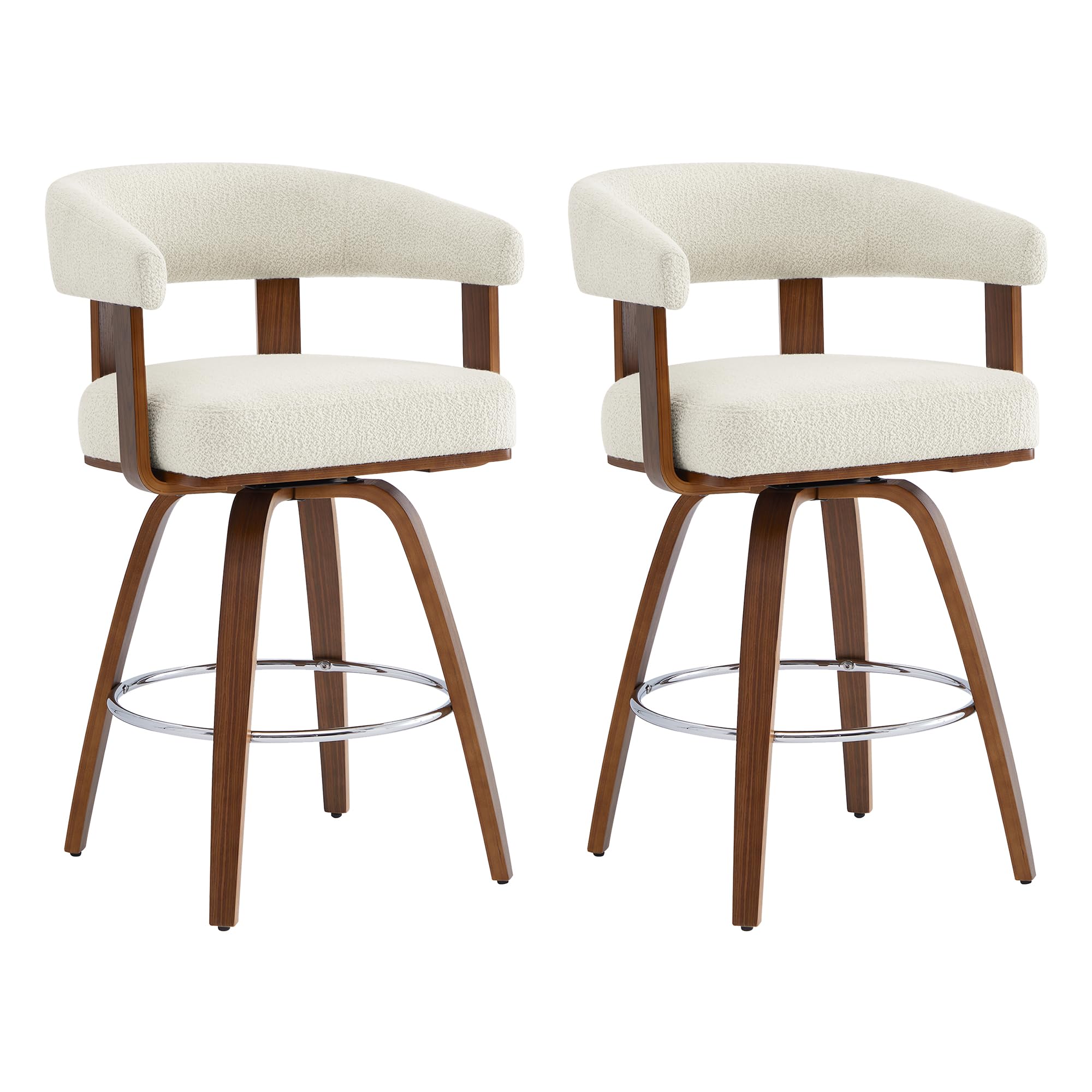 CHITA Swivel Counter Height Barstools Set of 2, FSC Certified Polyester Upholstered Bar Stools with Back and Armrest for Kitchen Island Home Bar, 27" Seat Height, Cream with Walnut Frame