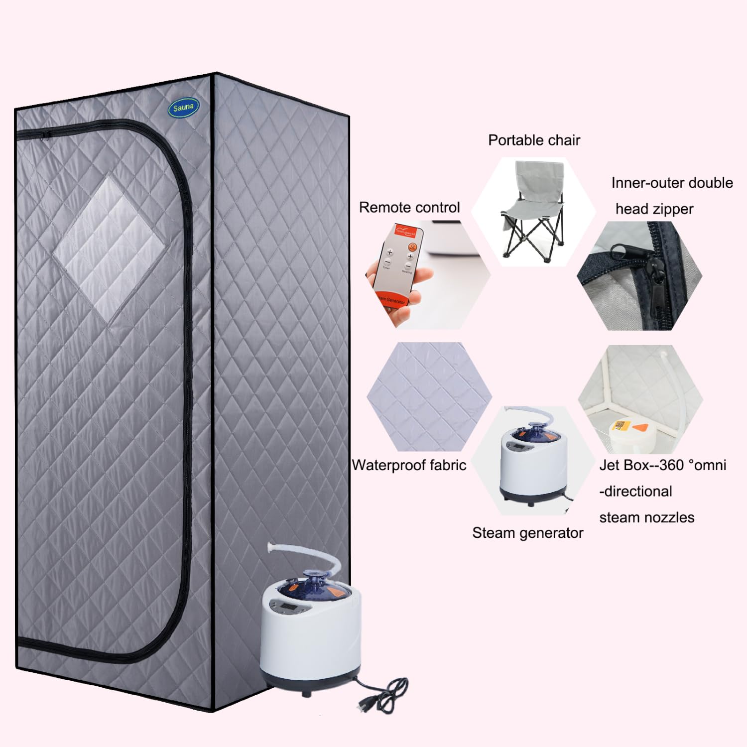 Full Size Portable Grey Steam Sauna Tent: Personal Home Spa with Steam Generator, Remote, Timer, & Foldable Chair