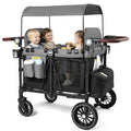 Kinder King Wagon Stroller for 4 Kids, All-Terrain Foldable Outdoor Stroller Wagon 4 Seater, Removable Canopy, Adjustable Handle, Detachable Tray, Black&Grey