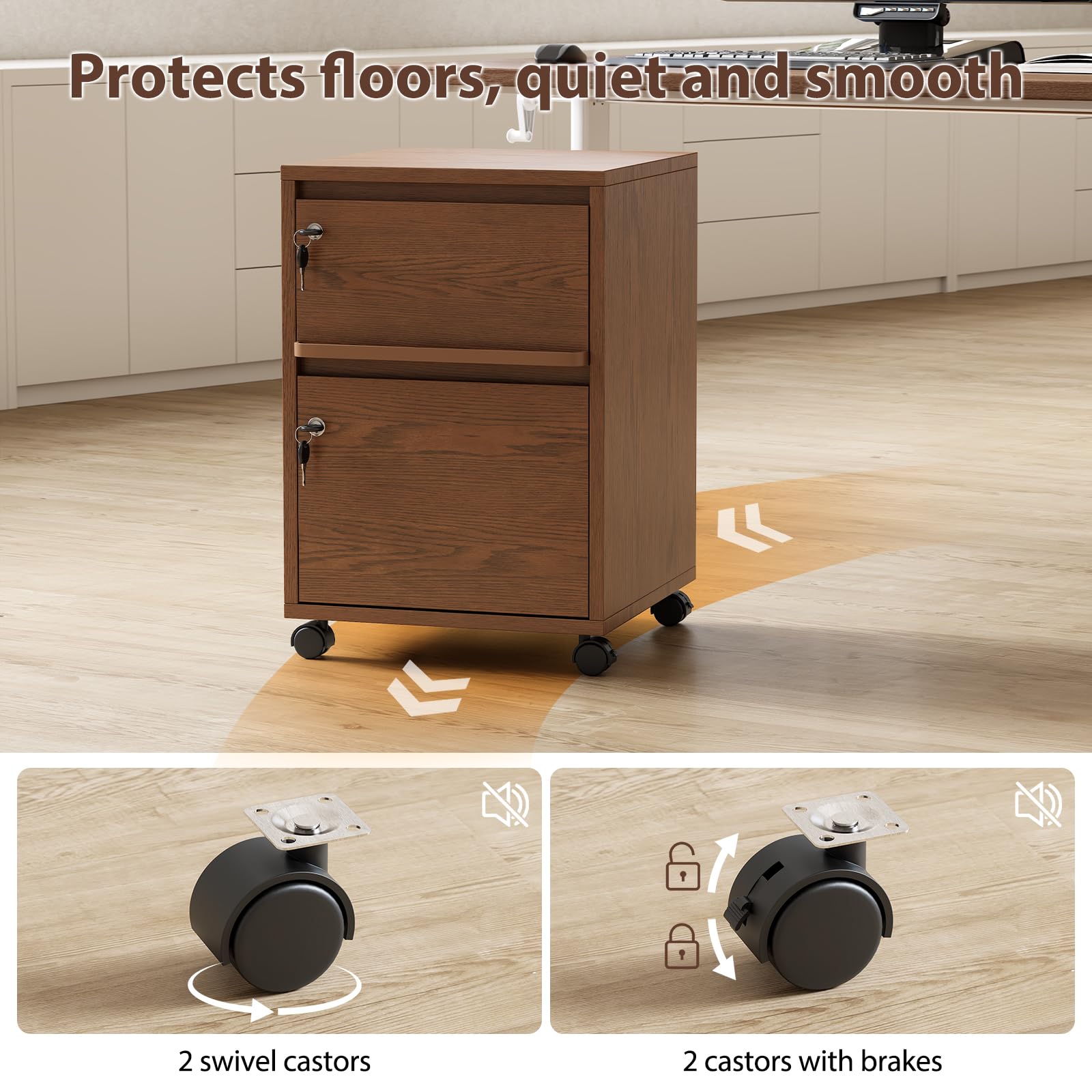 KungFuWood Wheeled Double-Drawer Filing Cabinet, Lockable Mobile File cabinets, Suitable for Home Offices or Storage cupboards for Storing Legal documents or Letter-Sized Files.