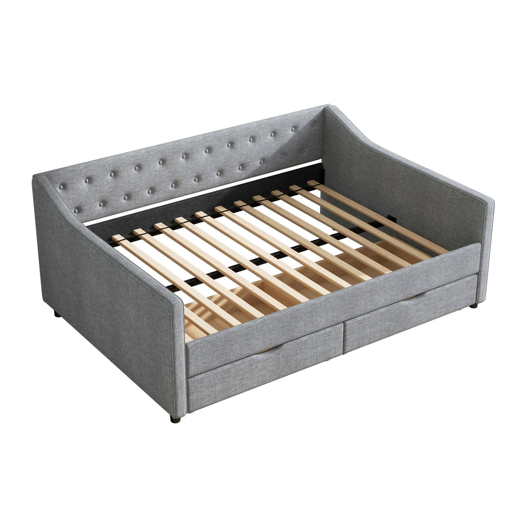 Ball & Cast Full Daybed W/ 2 Storage Drawers,Upholstered Day Bed W/Waved Shape Arms & Button Back,Sofa Bed for Bedroom,Guest Room,Living Room,No Box Spring Needed,Light Grey