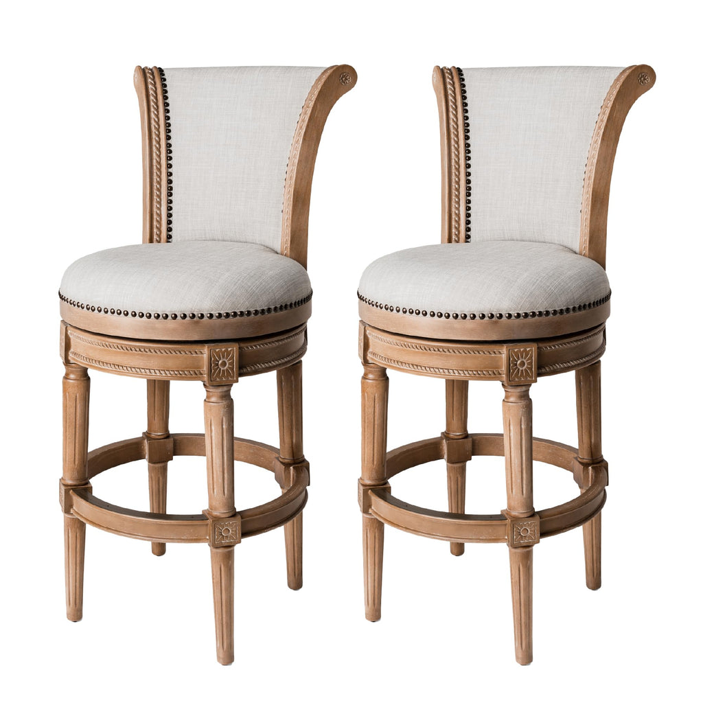 Maven Lane Pullman Bar Stool 31 Inches – Set of 2 – Swivel Stools with Footrest – Light Brown Solid Wood Frame & Natural Fabric Upholstery – Perfect for Bars, Pub Tables & Tall Kitchen Counters