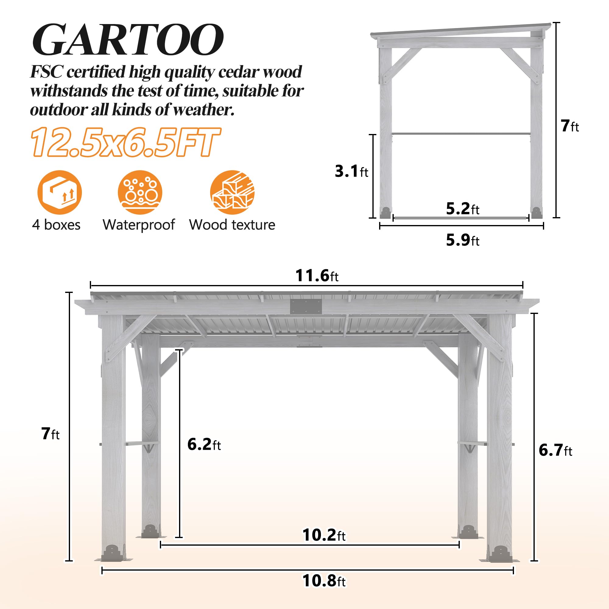 GARTOO 12.5'x6.5' Outdoor Grill Gazebo - Hardtop Cedar Wood Gazebo with 2 Side Shelves and Galvanized Steel Roof, Patio Wooden BBQ Pergola for Garden, Porch and Backyard