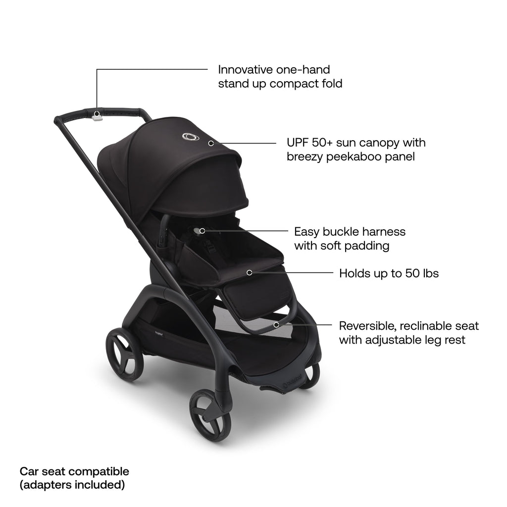 Bugaboo Dragonfly City Stroller - Lightweight Compact Baby Stroller with One Hand Easy Fold in Any Position, Full Suspension, XL Underseat Basket - Midnight Black