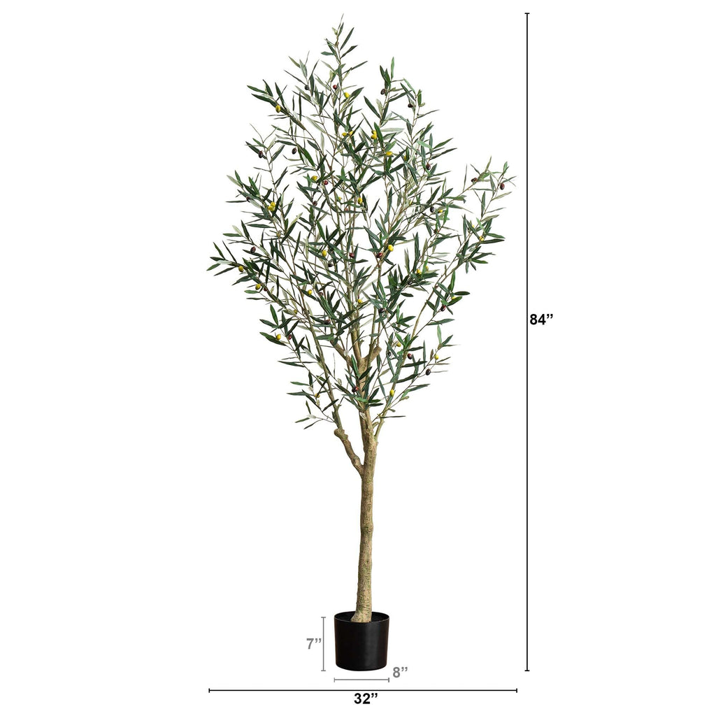 Nearly Natural Greco Olive Tree Artificial Indoor 7FT Tall Designer Ultra Realistic Thick Trunk Faux Olive Tree for Home and Office Decor, Fake Olive Tree with Olive Tree Branches and Lifelike Fruits