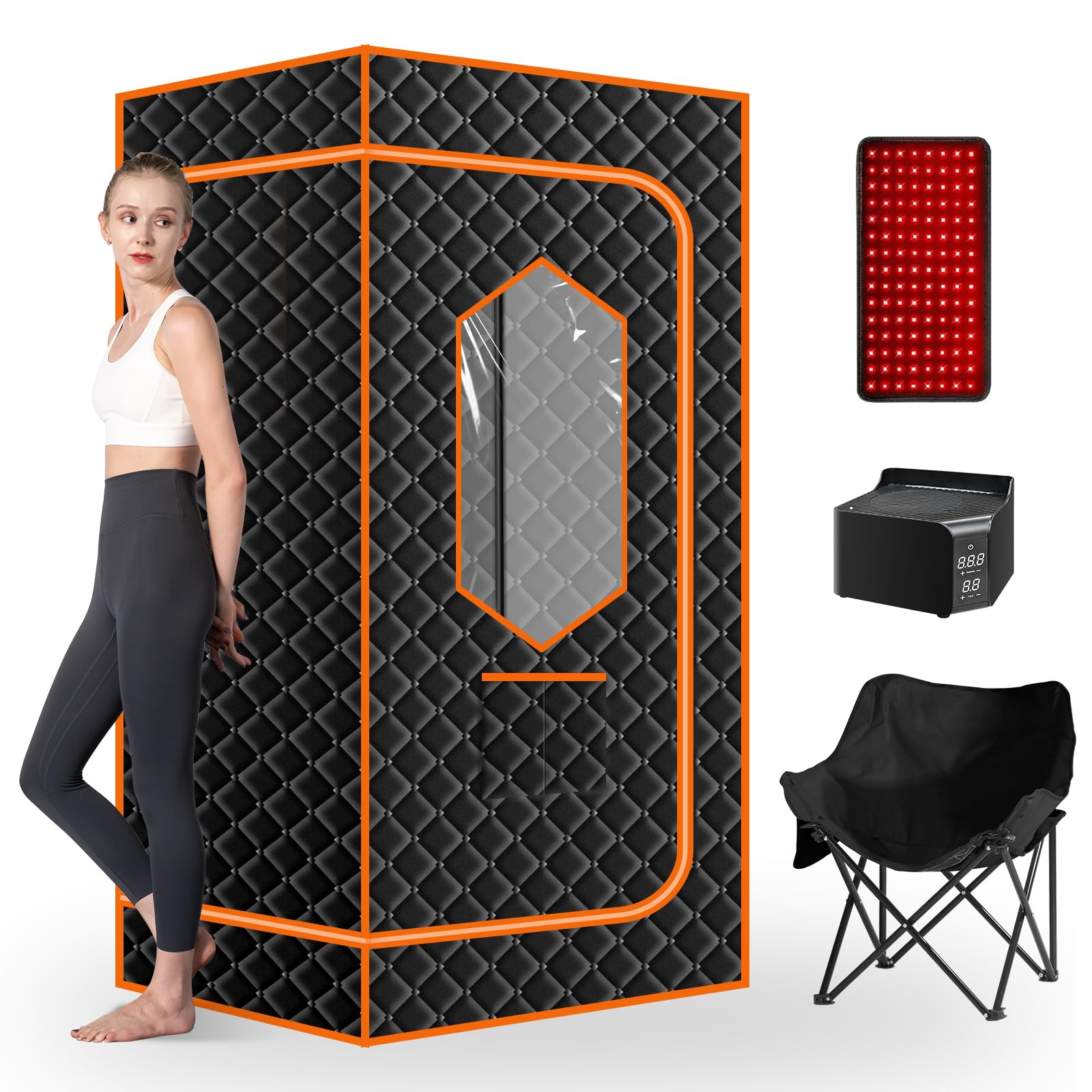 Smartmak Portable Steam Sauna, Personal Steam Sauna Box, Indoor Steam Sauna for Home, with 4L 1600W Steamer, Remote Control, Folding Chair (Orange, 33.8 * 33.8 * 65.7inch)