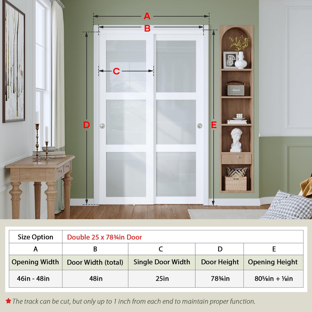 Finosen Preassembled Sliding Closet Door 48"×80"(Double 25"), 3-Lite Frosted Glass Bypass Door with Hardware Kit Include,Wood Slab with Water-Proof PVC Surface, Easy to Install, White.
