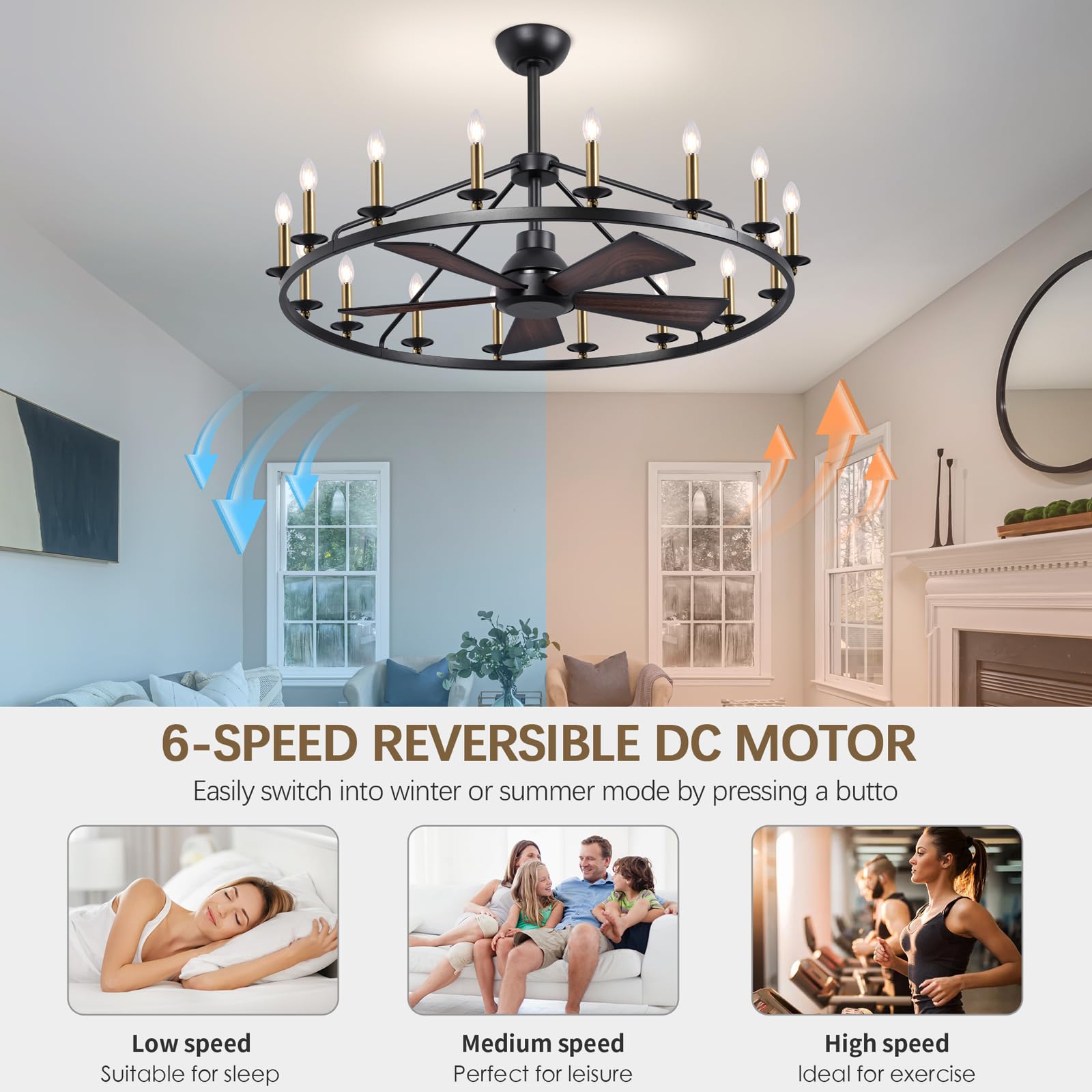 44" Wagon Wheel Chandelier with Fans, Black and Gold Wagon Wheel Ceiling Fan with 16-Light and Remote, Farmhouse Chandelier for Living Room, Adjustable Height, 6-Speed Reversible Quiet Large Fandelier