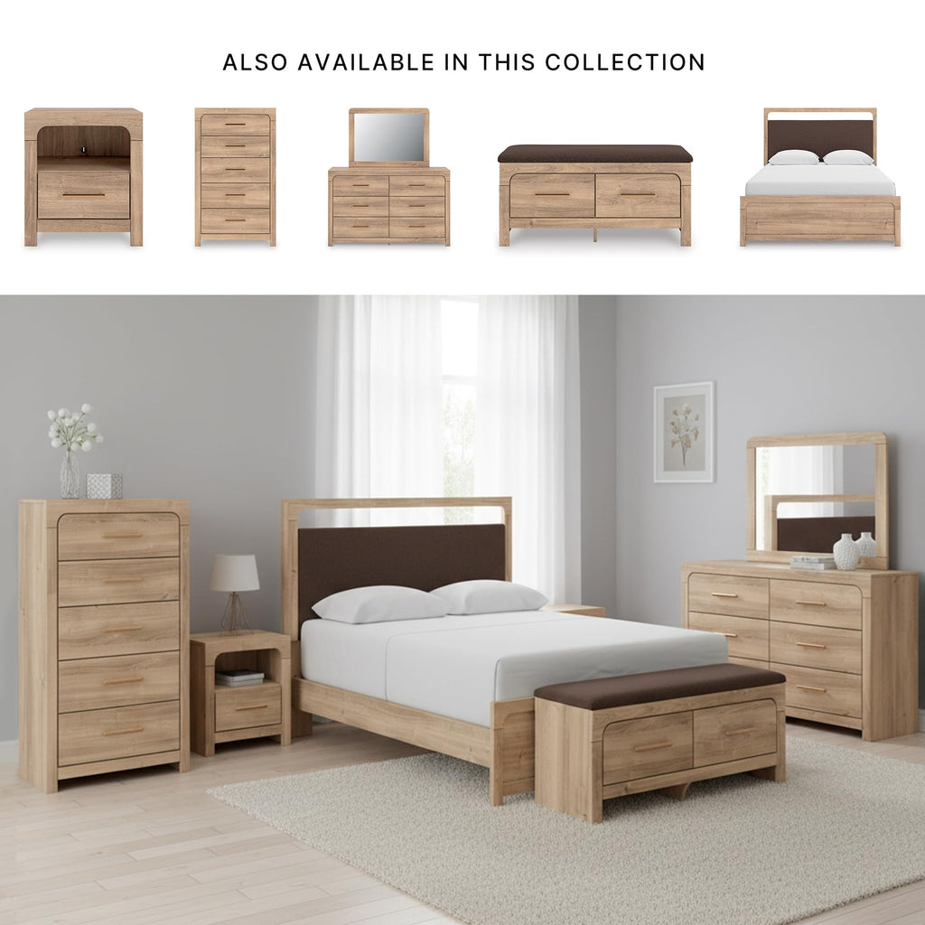 Signature Design By Ashley Hollymount Upholstered Bedroom Storage Bench, Two Drawers, Bronze Hardware, Wood/Fabric, 43.62" W x 15.75" D x 20" H, Tan/Brown